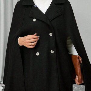 Black Elegant Women's Plus Size Button Poncho Sleeve Wool Coat
